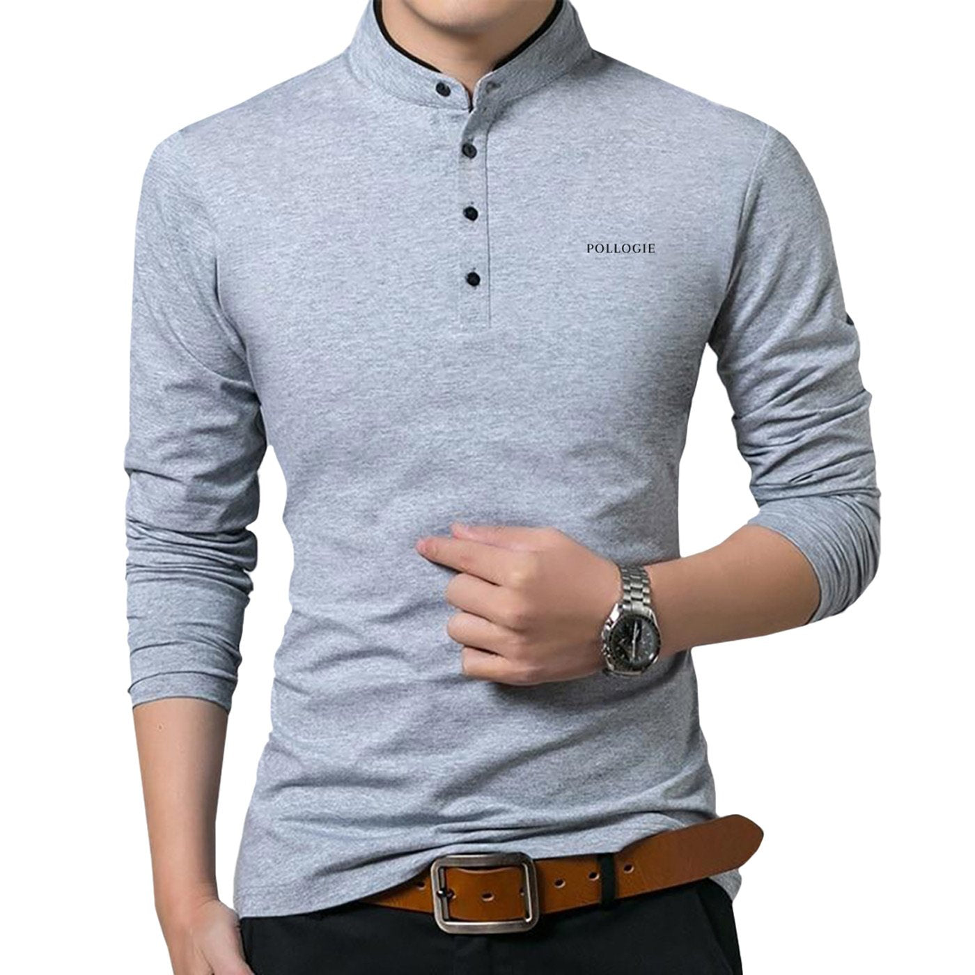 Pollogie™ Embroidered Logo Mandarin Collar Polo Shirt