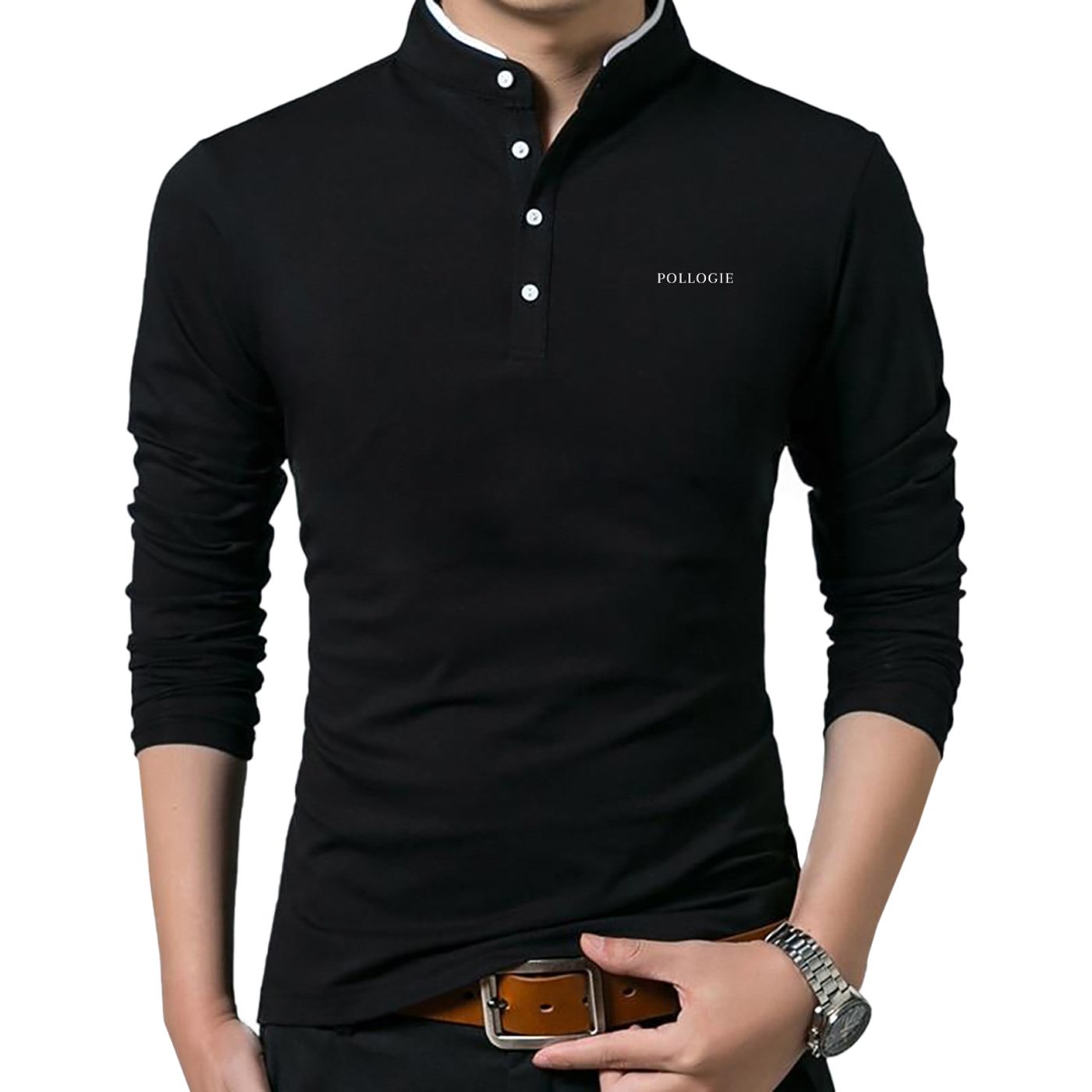 Pollogie™ Embroidered Logo Mandarin Collar Polo Shirt